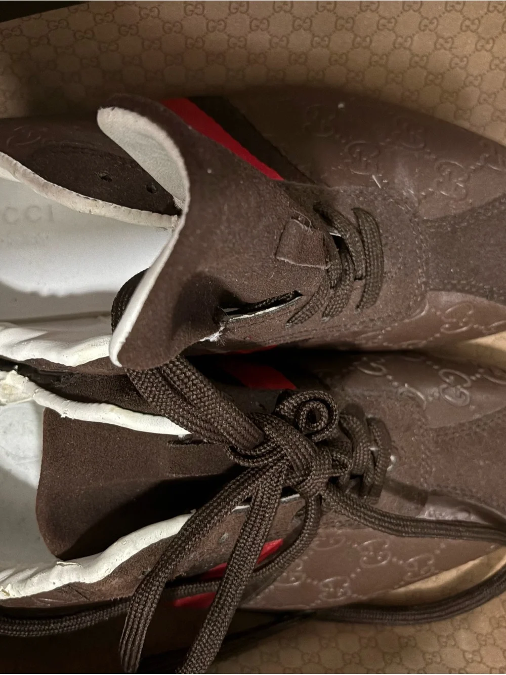 Gucci Brown Suede Sneakers with Red Web Stripe never been worn even one time